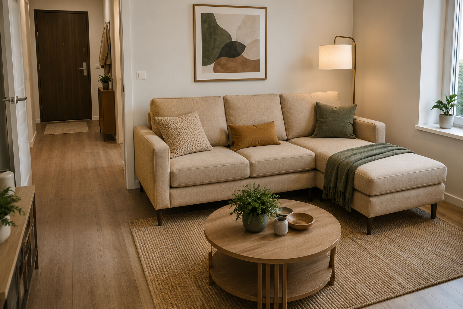 Compact reversible chaise sofa positioned in a low-traffic corner while preserving an open walkway in a small living room.