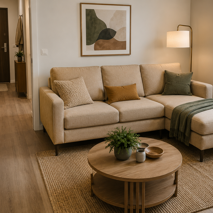 Compact reversible chaise sofa positioned in a low-traffic corner while preserving an open walkway in a small living room.
