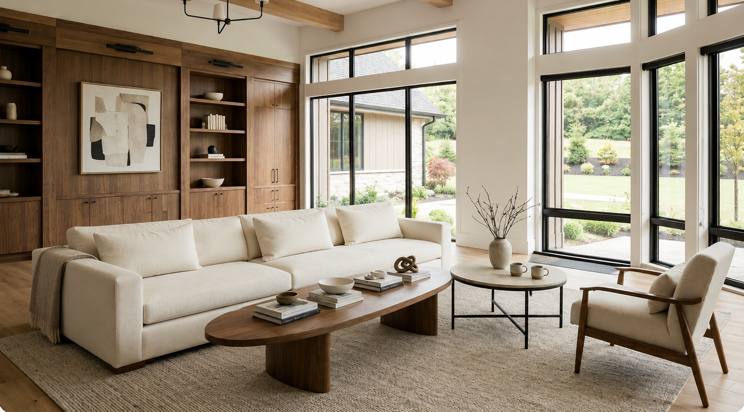 Round vs oval coffee table comparison in a luxury living room showing circulation, sofa coverage, and modern design