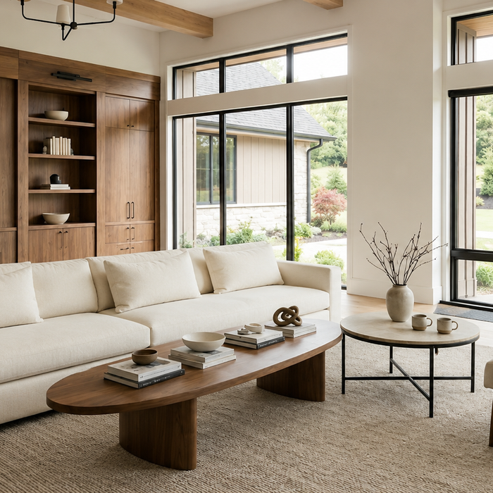 Round vs oval coffee table comparison in a luxury living room showing circulation, sofa coverage, and modern design