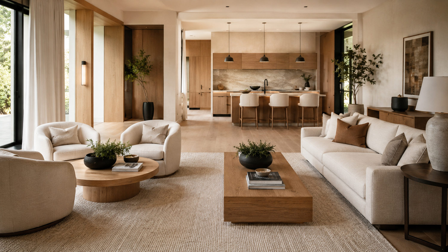 Round vs rectangular coffee table comparison in a luxury living room, illustrating the best coffee table shape for sectionals, small living rooms, traffic flow, storage, and everyday functionality