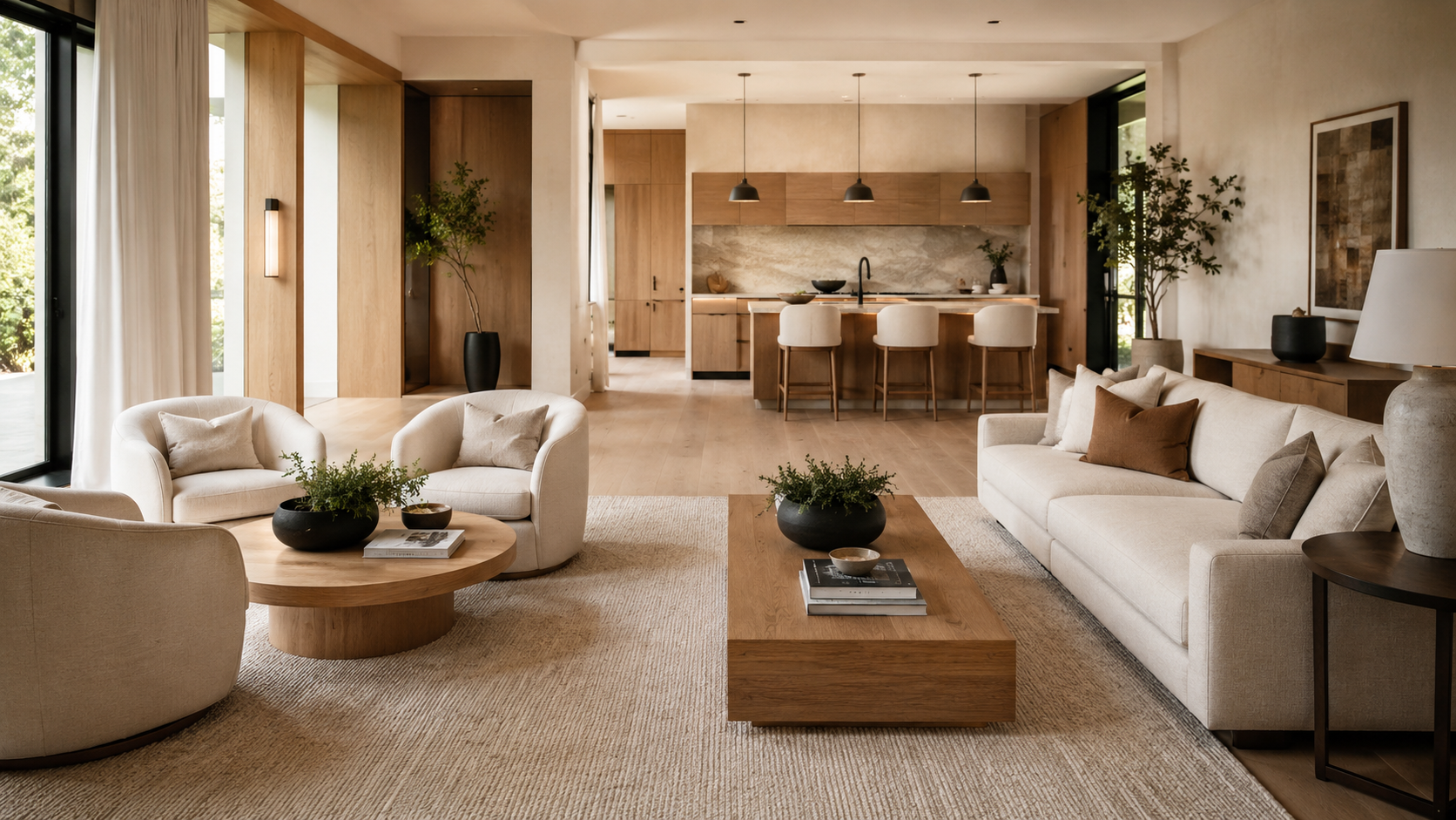 Round vs rectangular coffee table comparison in a luxury living room, illustrating the best coffee table shape for sectionals, small living rooms, traffic flow, storage, and everyday functionality
