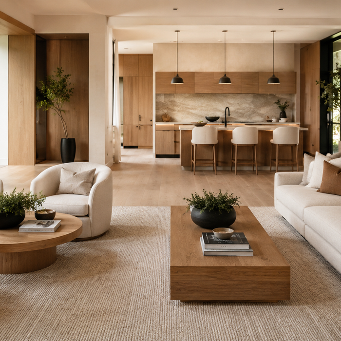 Round vs rectangular coffee table comparison in a luxury living room, illustrating the best coffee table shape for sectionals, small living rooms, traffic flow, storage, and everyday functionality