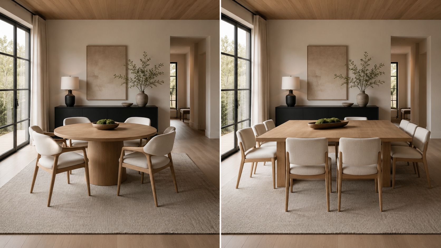Round vs rectangular dining table comparison showing seating capacity, room fit, circulation, and conversation benefits