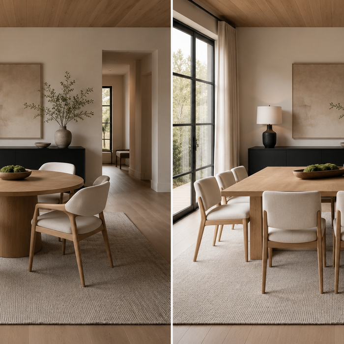Round vs rectangular dining table comparison showing seating capacity, room fit, circulation, and conversation benefits