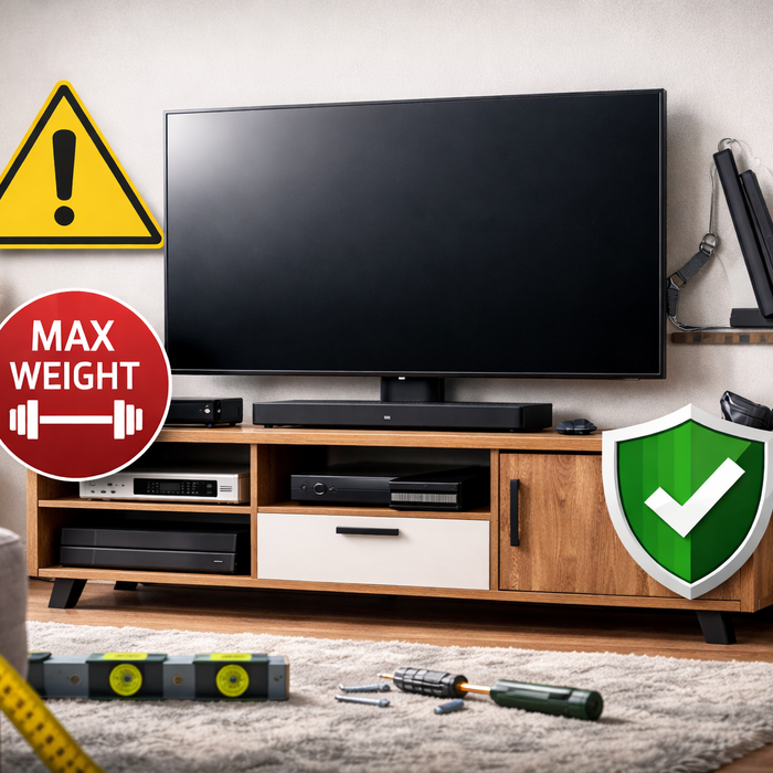 TV stand safety illustration showing max weight warning and anti-tip stability protection for a large flat-screen TV