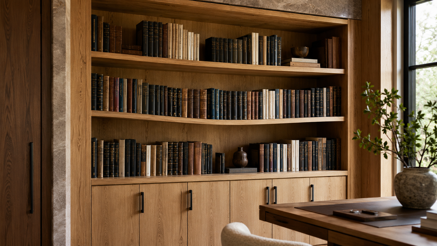Sagging bookshelf shelf showing mid-span deflection caused by excessive span length and long-term loading