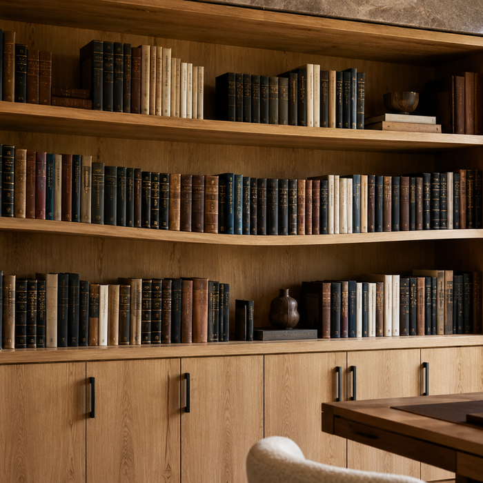 Sagging bookshelf shelf showing mid-span deflection caused by excessive span length and long-term loading