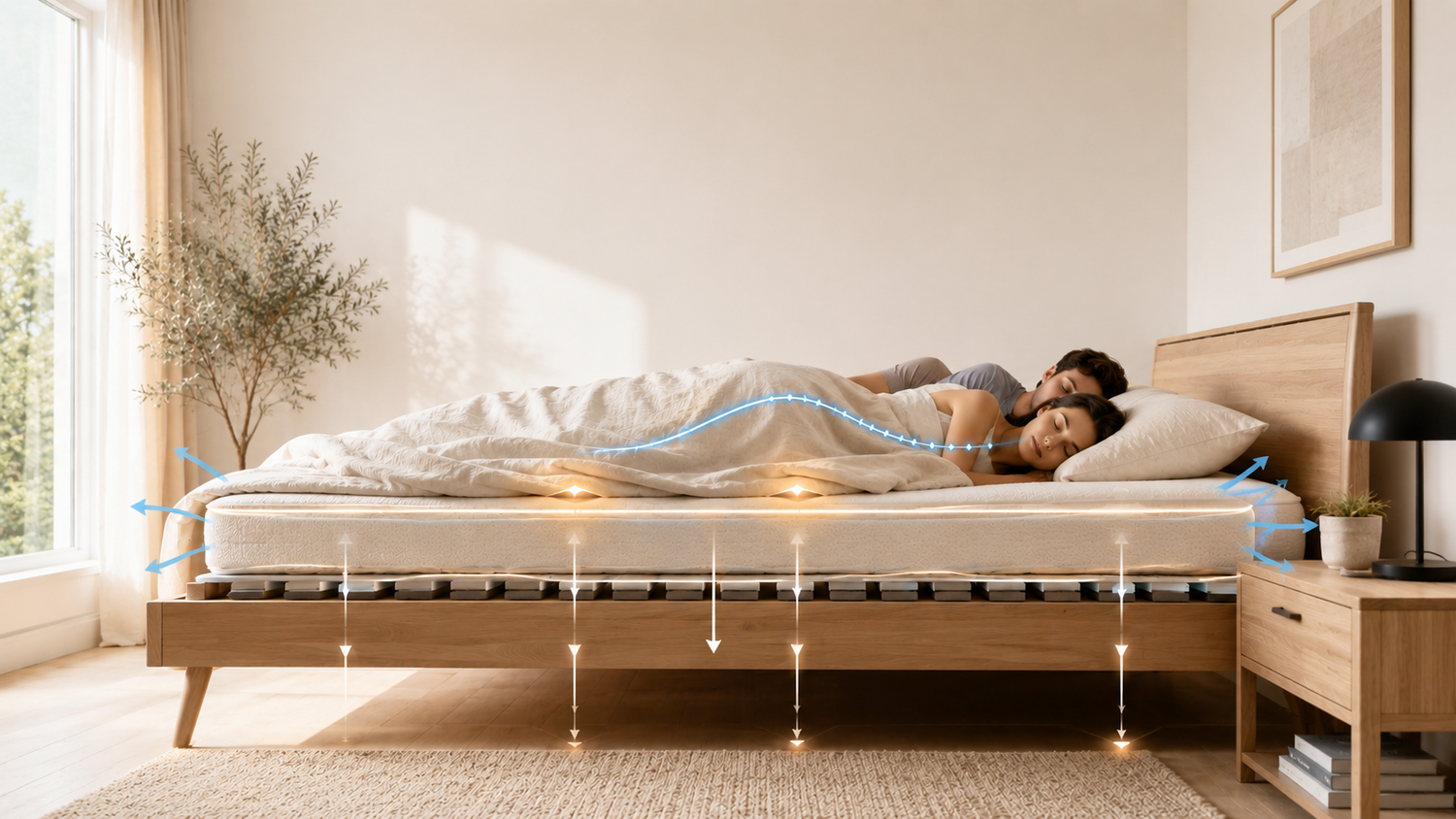 The science of sleep illustrated as a bedroom support system showing the bed frame, foundation, mattress, pillow, spinal alignment, pressure relief, and temperature control for better sleep.