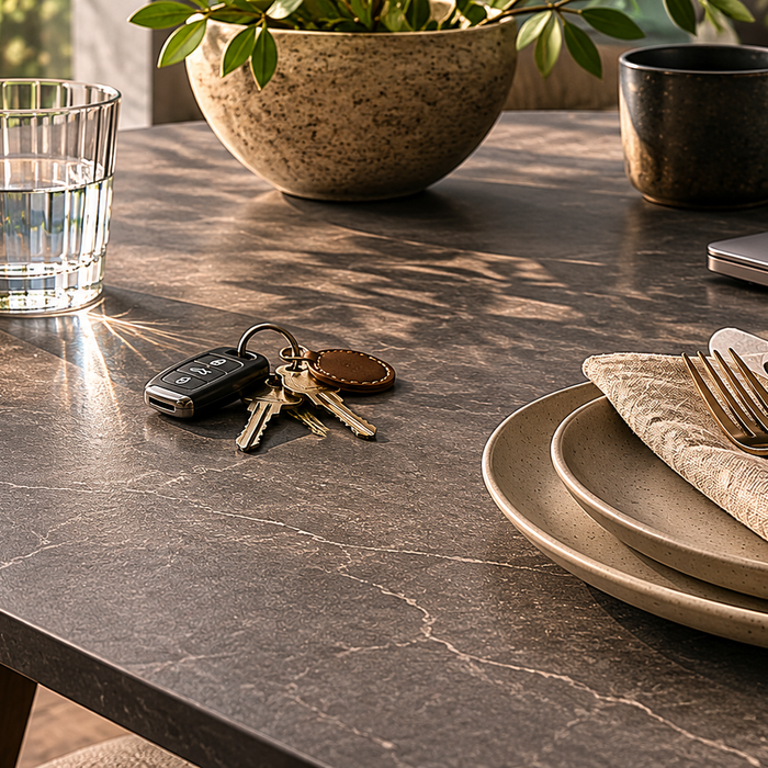 Close-up of a durable scratch-resistant matte ceramic dining table with everyday objects