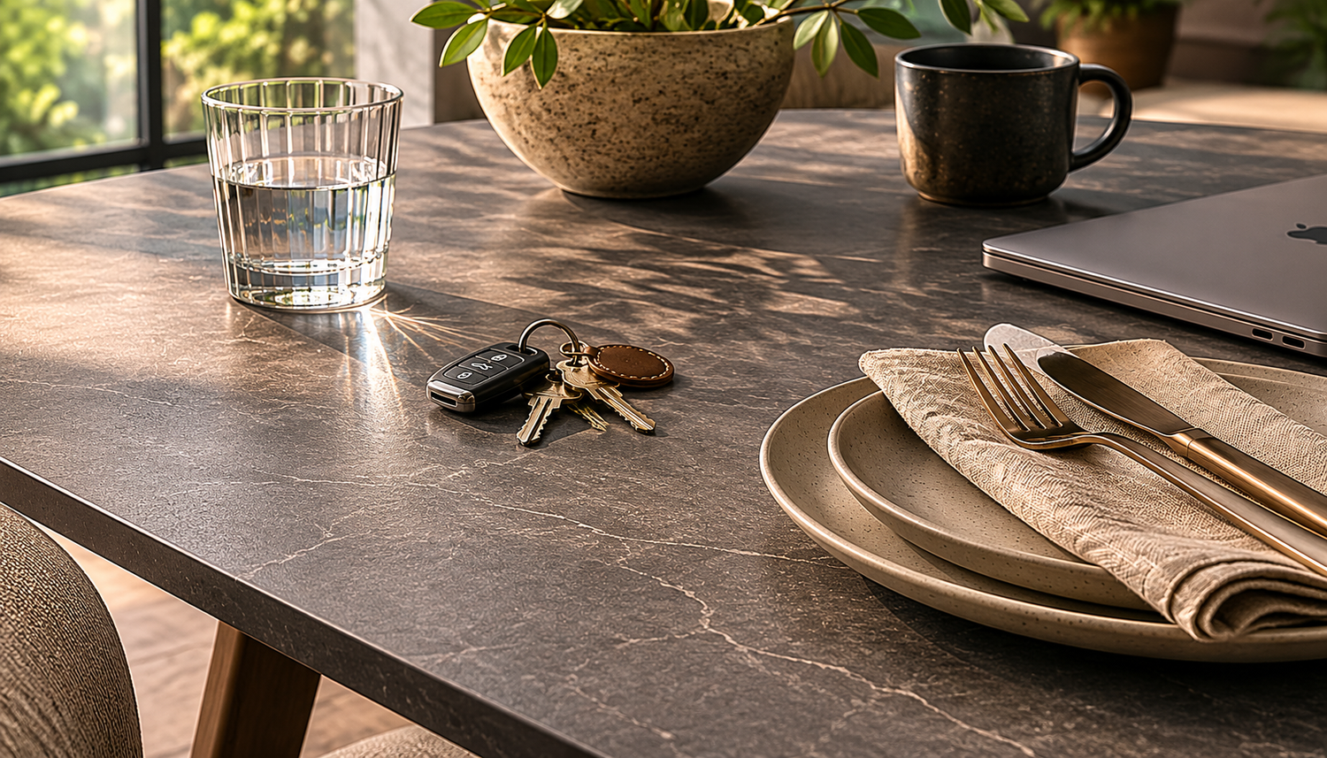 Close-up of a durable scratch-resistant matte ceramic dining table with everyday objects
