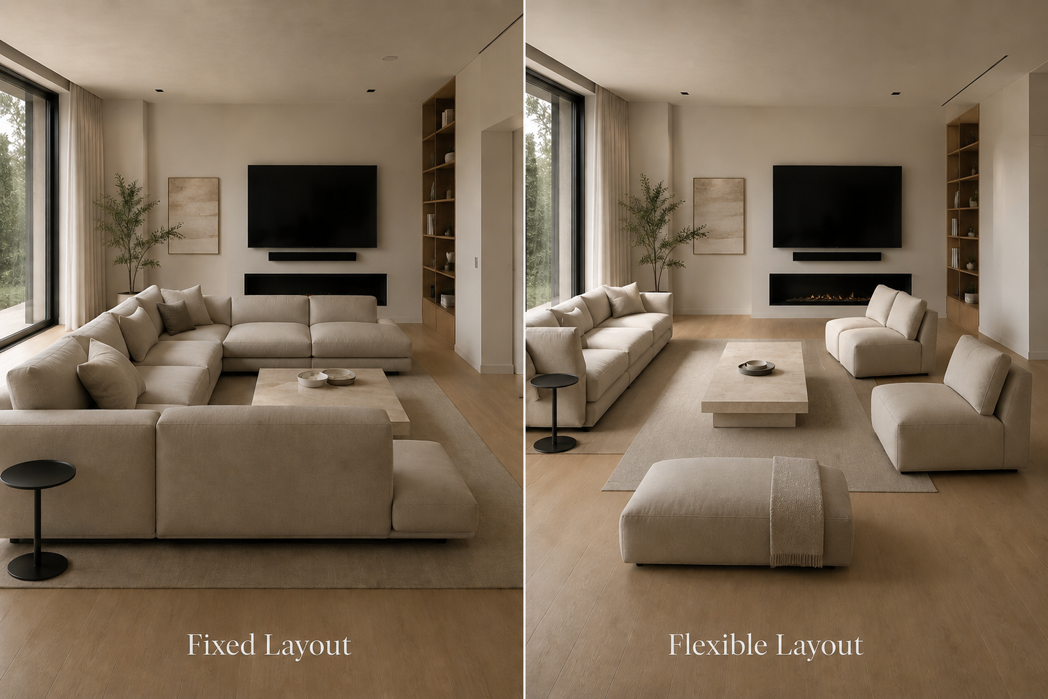 Elegant living room comparison showing a fixed sectional sofa layout beside a flexible modular seating arrangement with different circulation patterns and spatial behavior