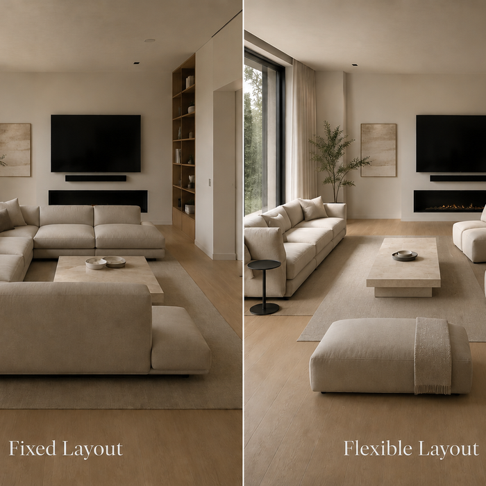Elegant living room comparison showing a fixed sectional sofa layout beside a flexible modular seating arrangement with different circulation patterns and spatial behavior