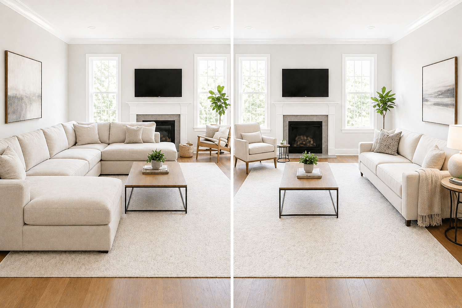 sectional vs sofa living room layout comparison showing how each affects space, flow, and seating arrangement