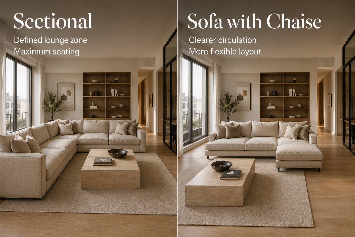 Elegant living room comparison showing sectional sofa creating a defined lounge zone versus sofa with chaise preserving a lighter layout and more open movement