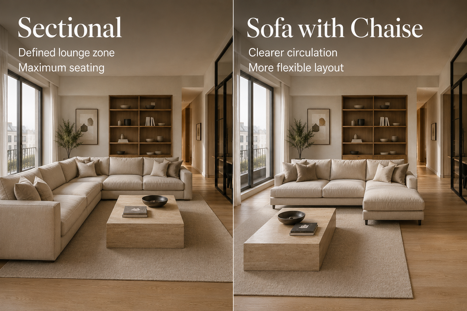 Elegant living room comparison showing sectional sofa creating a defined lounge zone versus sofa with chaise preserving a lighter layout and more open movement