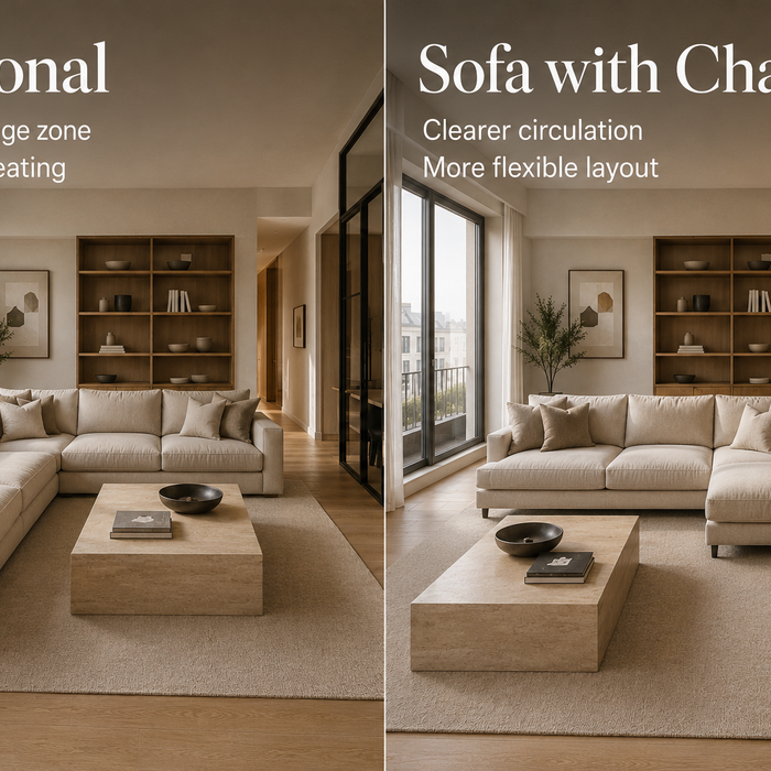Elegant living room comparison showing sectional sofa creating a defined lounge zone versus sofa with chaise preserving a lighter layout and more open movement