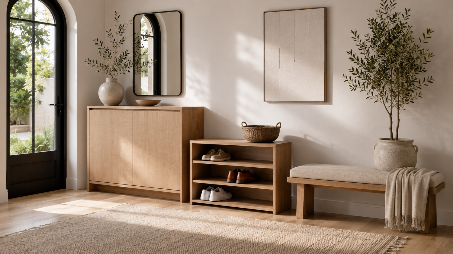 Shoe cabinet vs open shoe rack in a modern entryway comparing hidden storage with open shoe organization.