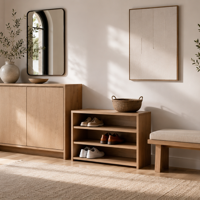 Shoe cabinet vs open shoe rack in a modern entryway comparing hidden storage with open shoe organization.