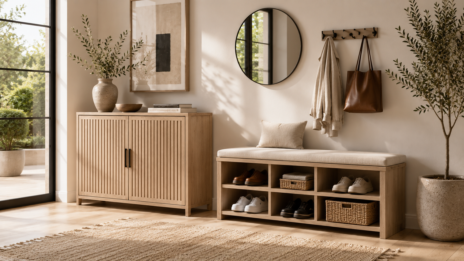 Shoe cabinet vs storage bench in a modern Scandinavian entryway with hidden shoe storage and built-in seating