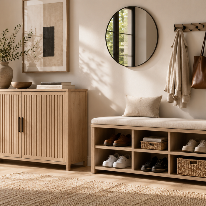 Shoe cabinet vs storage bench in a modern Scandinavian entryway with hidden shoe storage and built-in seating