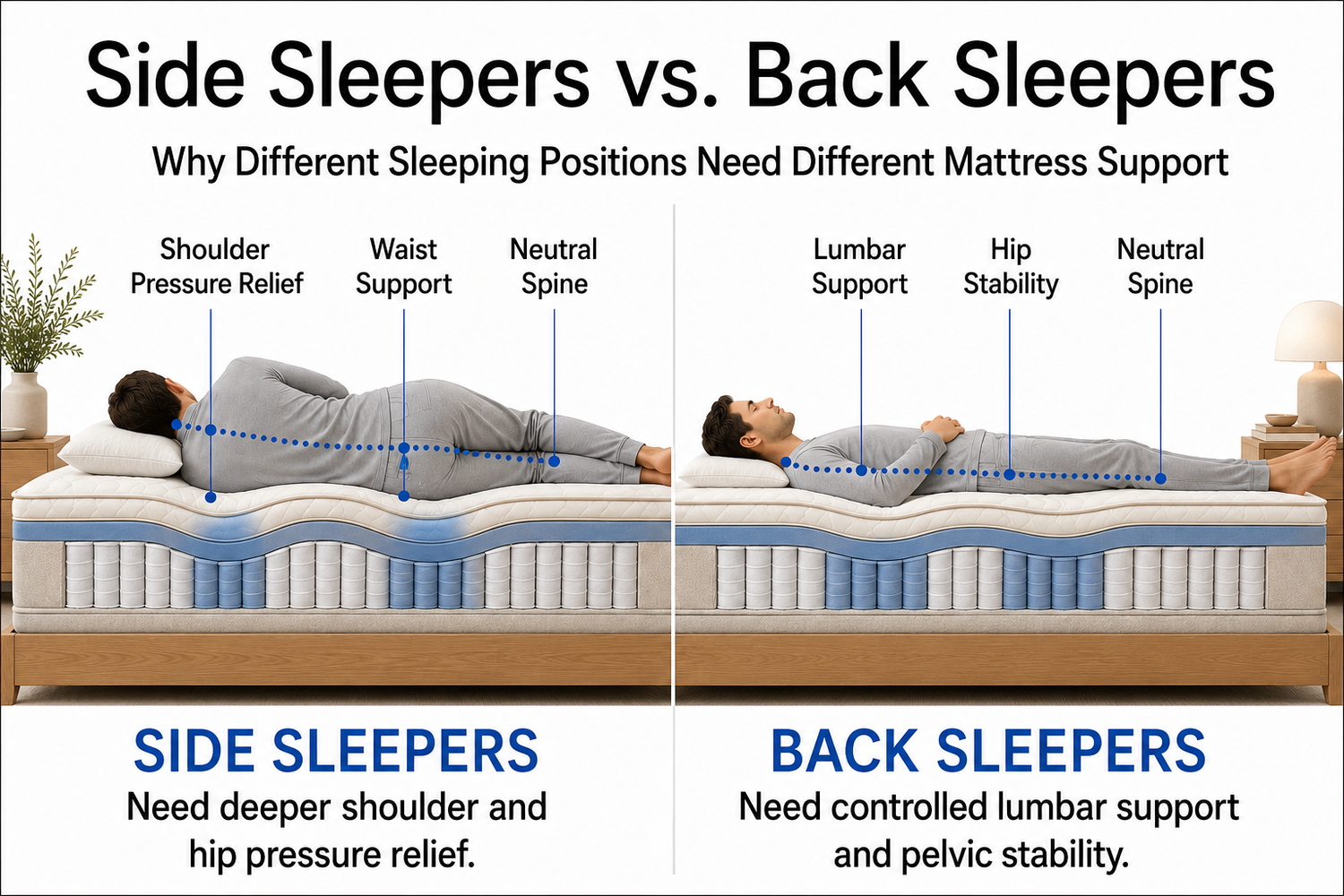 Comparison of side sleeper and back sleeper mattress support with proper spinal alignment, shoulder pressure relief, and lumbar support