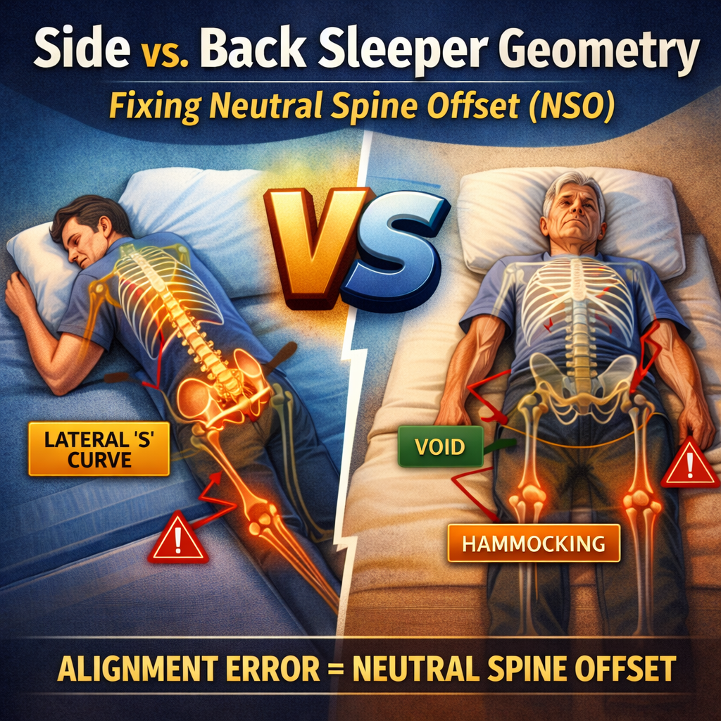 Side vs back sleeper mattress alignment with spine diagram showing lateral curve, lumbar void, and hammocking causing poor sleep posture