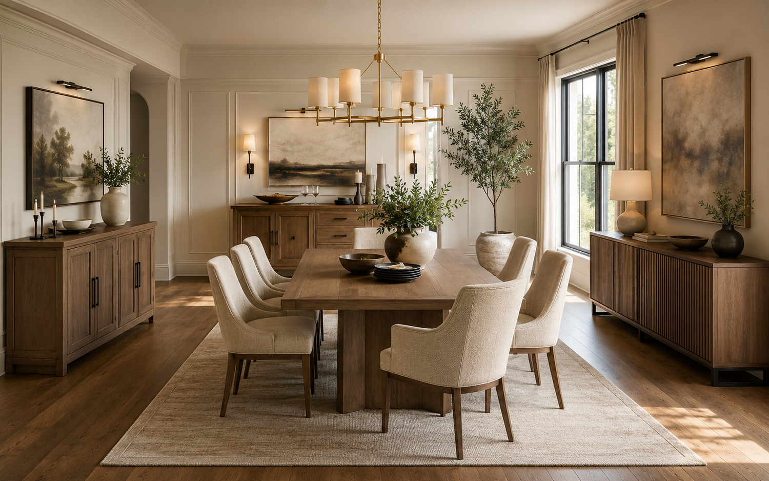 Sideboard vs. buffet vs. credenza comparison showing the differences in cabinet height, storage, and best uses in an elegant American dining room.