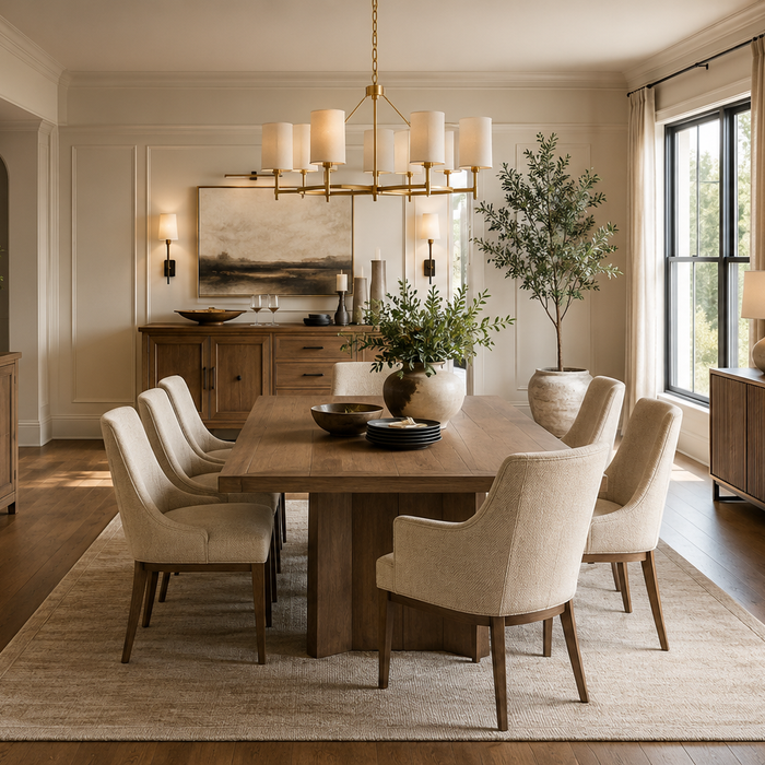 Sideboard vs. buffet vs. credenza comparison showing the differences in cabinet height, storage, and best uses in an elegant American dining room.
