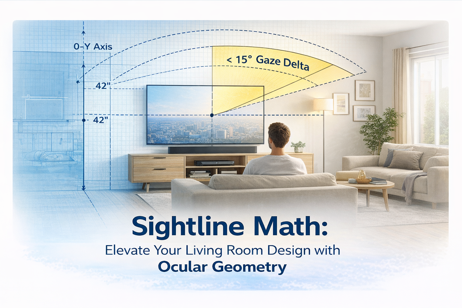 Proper TV height placement in living room based on seated eye level and 15-degree gaze angle for optimal viewing comfort and layout balance
