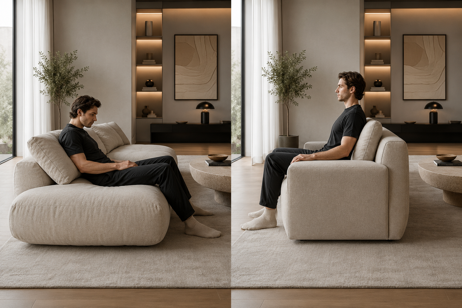 Why some sofas become uncomfortable over time — comparison of poor couch posture versus ergonomically aligned luxury sofa seating with proper lumbar support and grounded feet