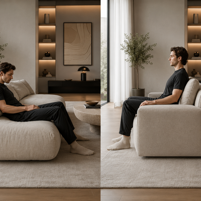 Why some sofas become uncomfortable over time — comparison of poor couch posture versus ergonomically aligned luxury sofa seating with proper lumbar support and grounded feet