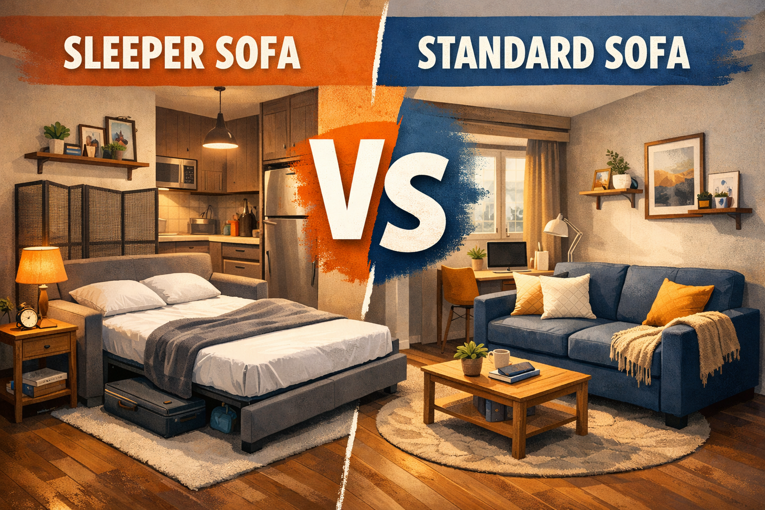 Sleeper sofa vs sofa in studio apartment showing blocked walkway vs clear 36-inch path
