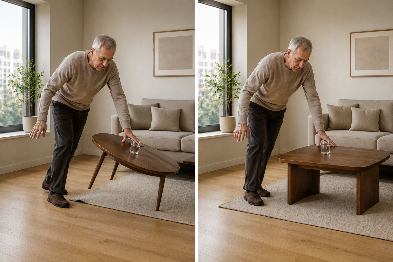 Senior using a stable side table for balance support in a safe aging-in-place living room compared with unstable sliding furniture on smooth flooring