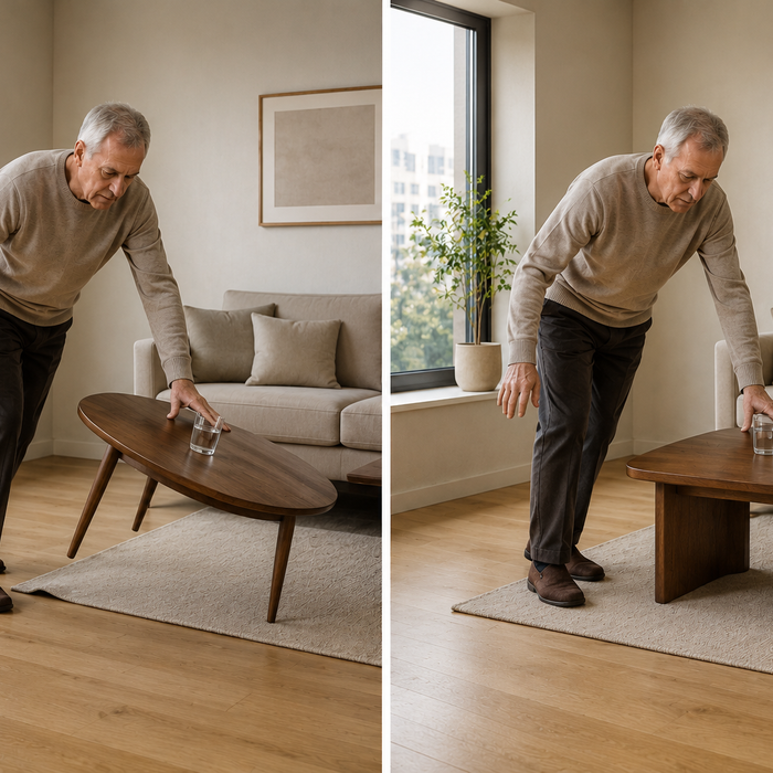 Senior using a stable side table for balance support in a safe aging-in-place living room compared with unstable sliding furniture on smooth flooring