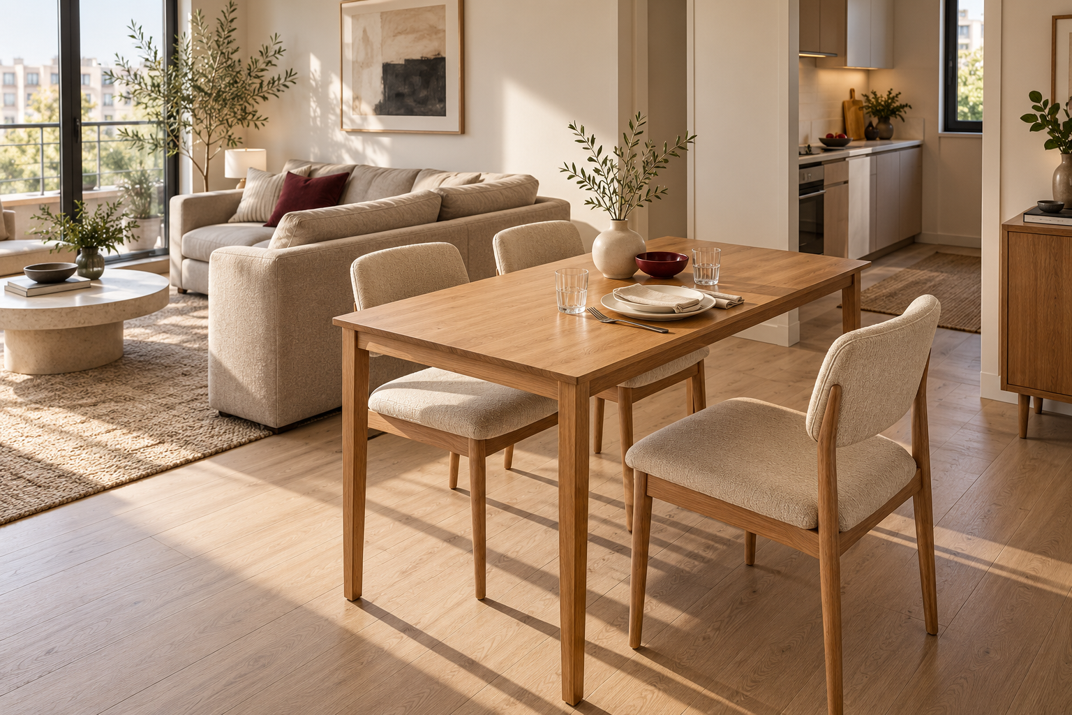 Small-apartment dining table layout with a compact oak table, upholstered chairs, and an adjacent living room sofa.