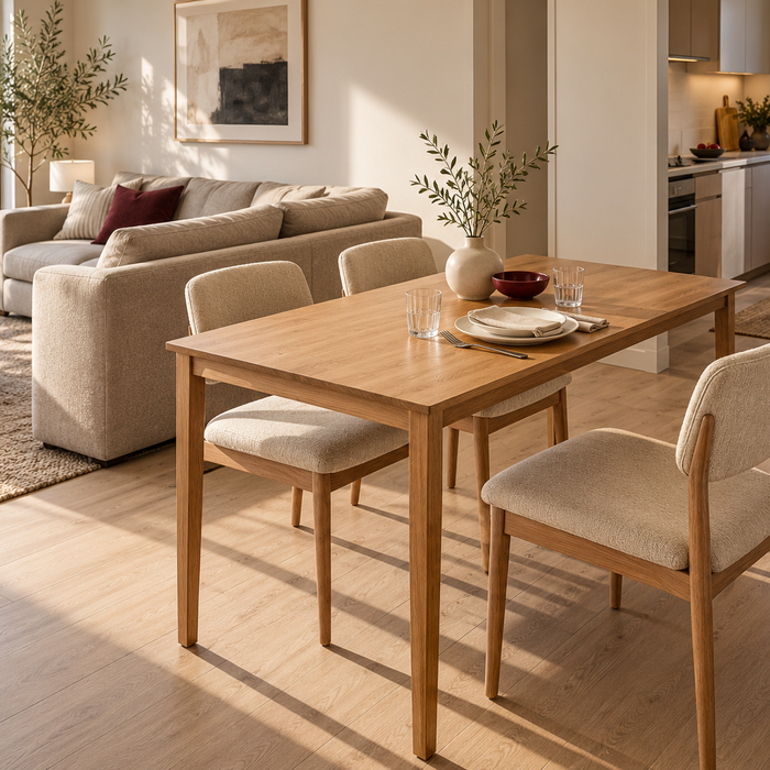 Small-apartment dining table layout with a compact oak table, upholstered chairs, and an adjacent living room sofa.