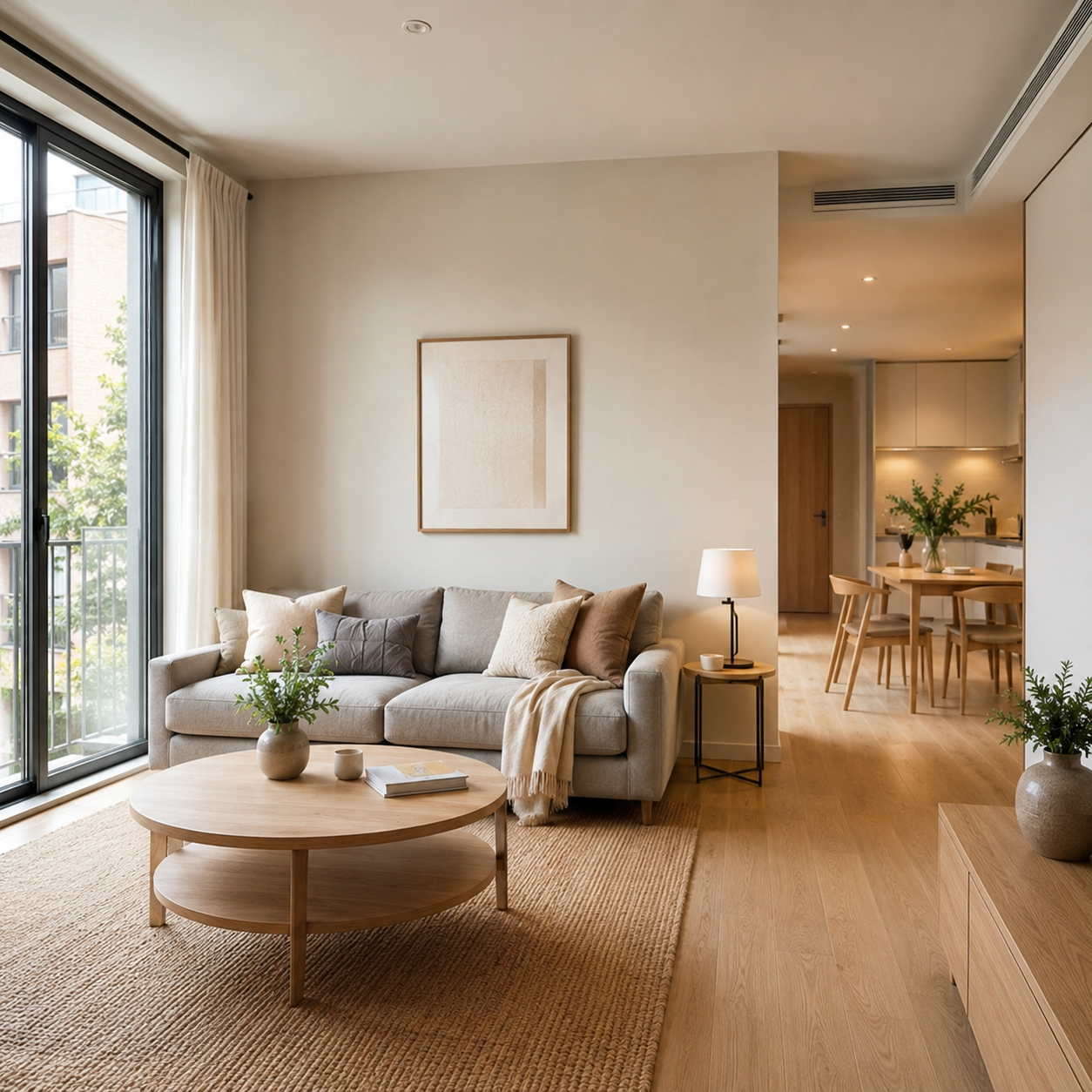 small apartment living room with compact sofa balanced furniture spacing open pathways and space efficient layout design