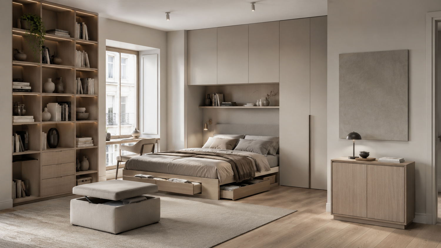 Small apartment storage ideas with a storage bed, hidden storage ottoman, built-in cabinets, and floor-to-ceiling shelving