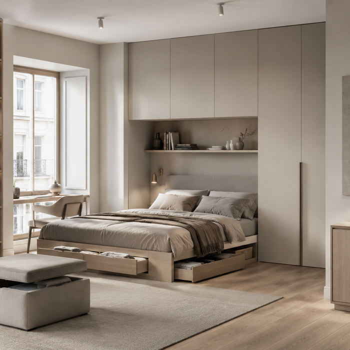 Small apartment storage ideas with a storage bed, hidden storage ottoman, built-in cabinets, and floor-to-ceiling shelving
