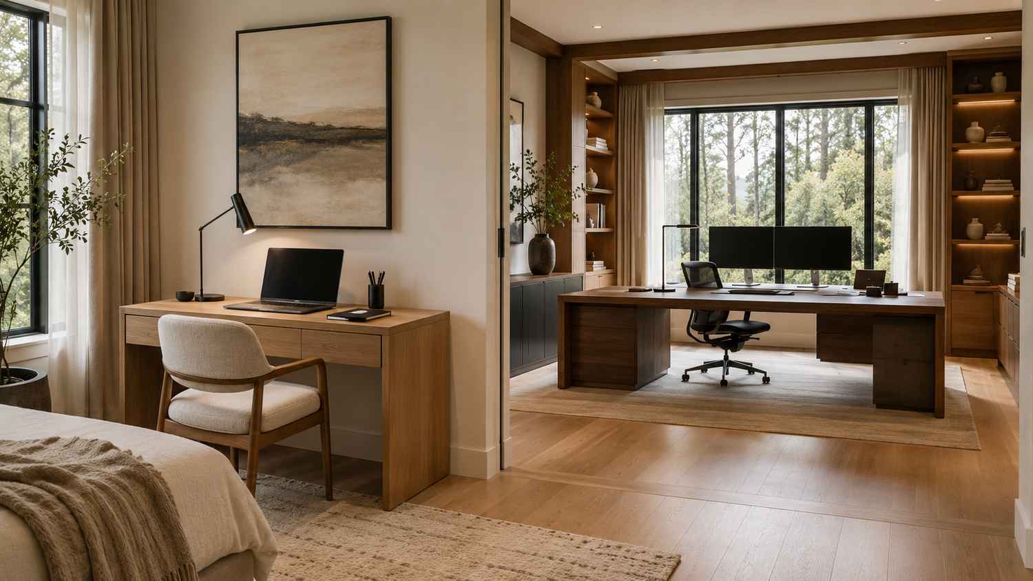 Small desk vs large desk comparison in a home office showing workstation size, monitor setup capacity, room footprint, and workspace planning considerations.