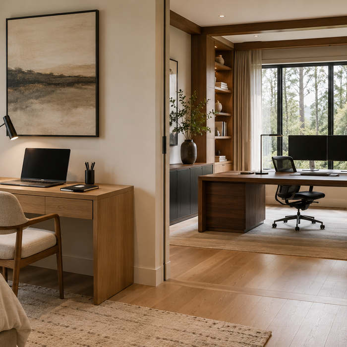 Small desk vs large desk comparison in a home office showing workstation size, monitor setup capacity, room footprint, and workspace planning considerations.