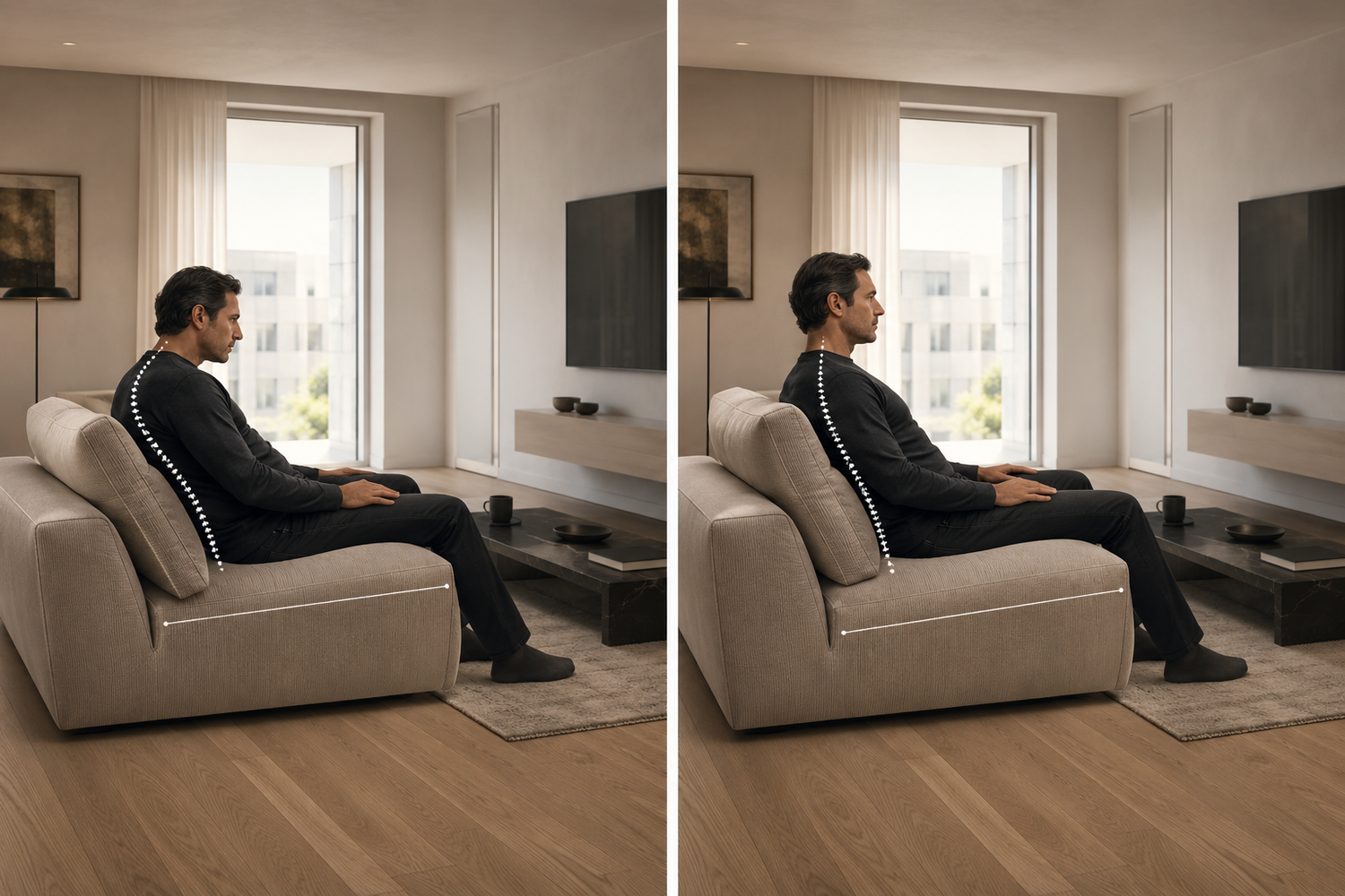 Split-screen ergonomic sofa comparison showing unstable recline posture with forward-head compensation versus balanced lumbar-contact support and neutral spinal alignment