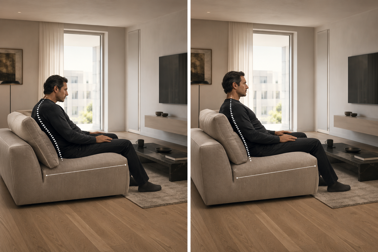 Split-screen ergonomic sofa comparison showing unstable recline posture with forward-head compensation versus balanced lumbar-contact support and neutral spinal alignment