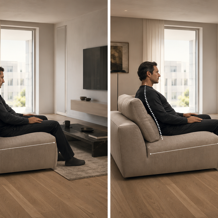 Split-screen ergonomic sofa comparison showing unstable recline posture with forward-head compensation versus balanced lumbar-contact support and neutral spinal alignment