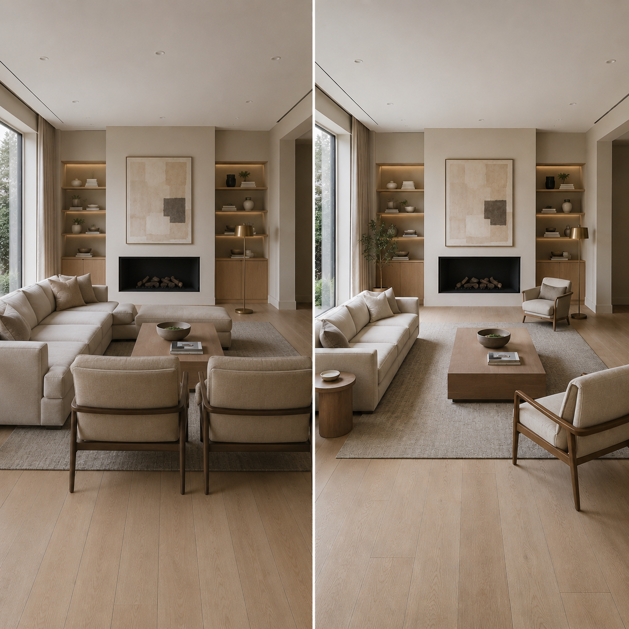 Split-screen living room showing an oversized sofa layout with cramped walkways versus a properly scaled sofa layout with open circulation and balanced spacing