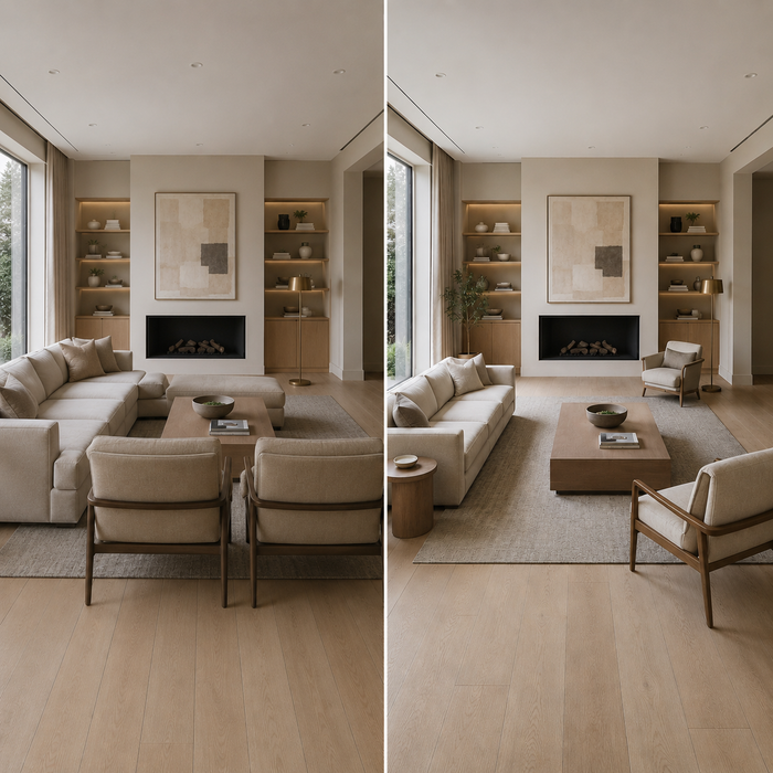 Split-screen living room showing an oversized sofa layout with cramped walkways versus a properly scaled sofa layout with open circulation and balanced spacing
