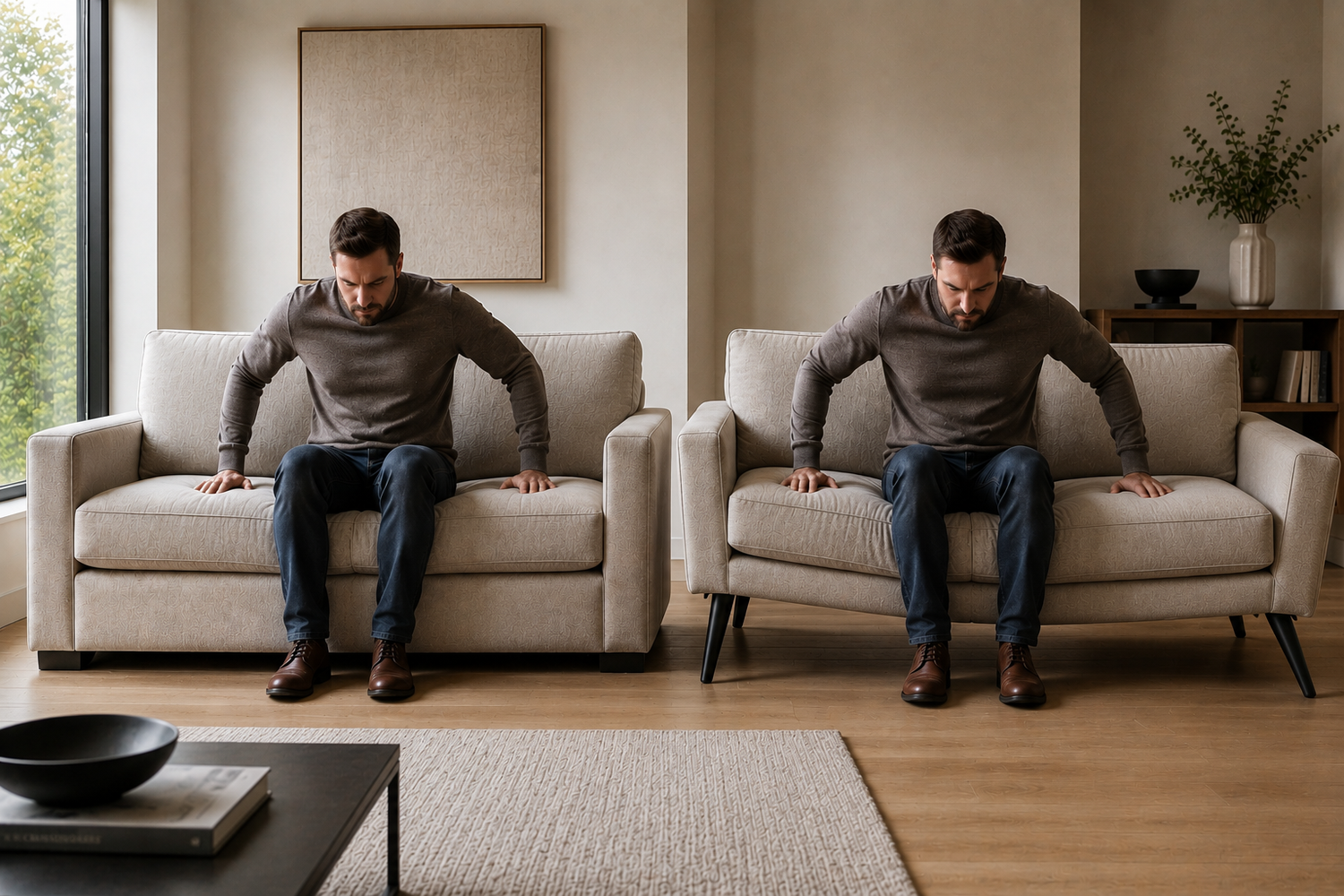 Tall tapered sofa legs versus short block legs showing why some sofas loosen, wobble, and drift over time