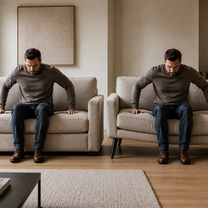 Tall tapered sofa legs versus short block legs showing why some sofas loosen, wobble, and drift over time