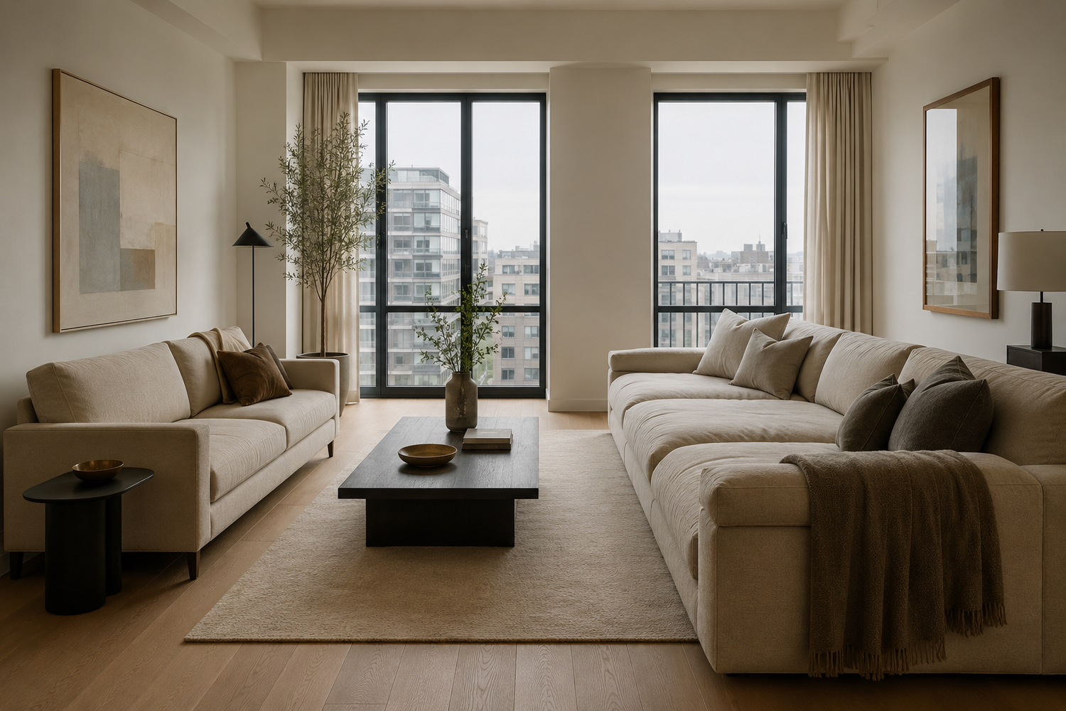 Elegant apartment living room comparing a deep oversized sofa with a balanced moderate-depth sofa to show how seat depth affects comfort, posture, openness, and circulation